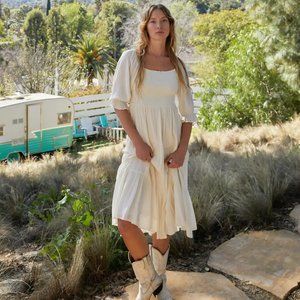 Oak & Fort Smocked Midi Dress in Beige